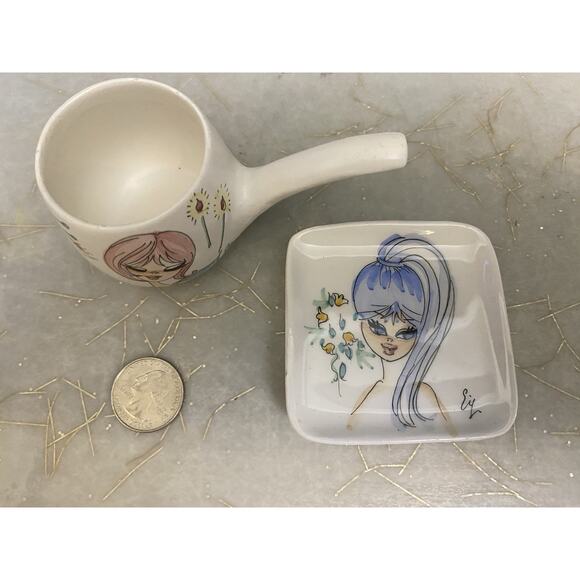 Miniature Midcentury Trinket Dishes Mod 60's Swinging Girl Handpainted Portraits - Picture 2 of 6